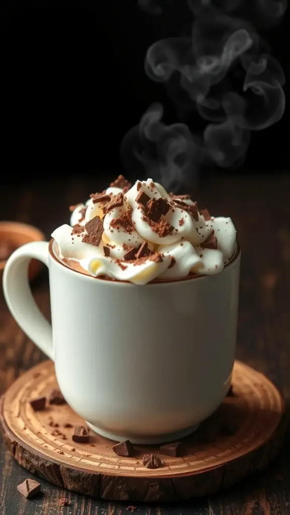 A steaming cup of rich hot chocolate topped with whipped cream and chocolate shavings.