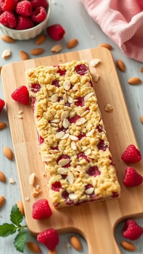 Raspberry Almond Crumble Bars on a wooden board with fresh raspberries and almonds