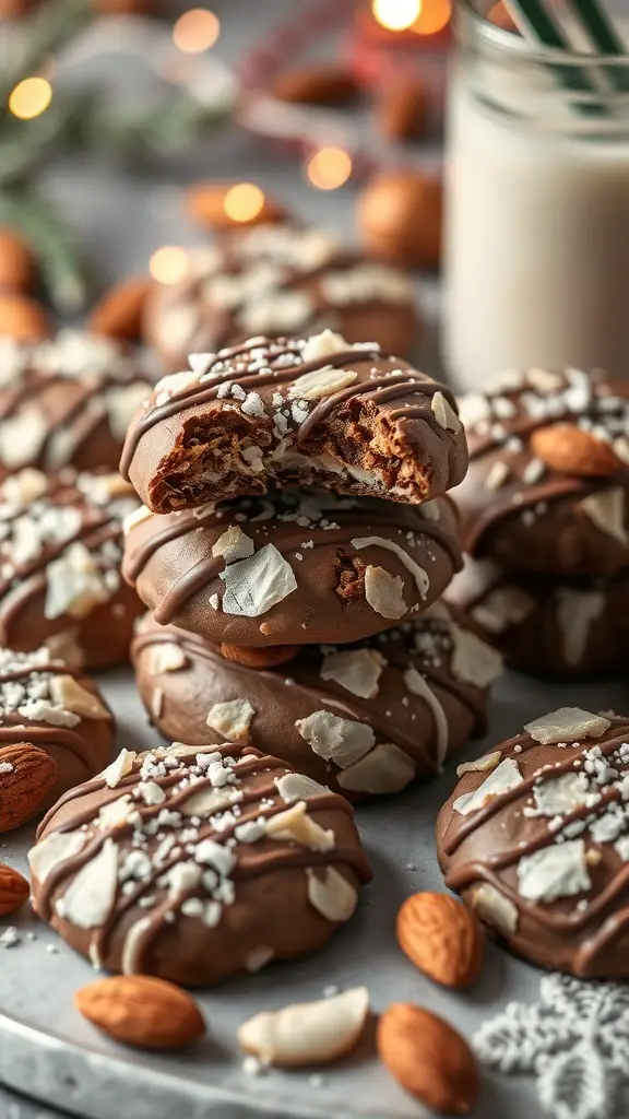 A plate of Almond Joy Cookies with chocolate drizzle and almonds, surrounded by festive decorations.