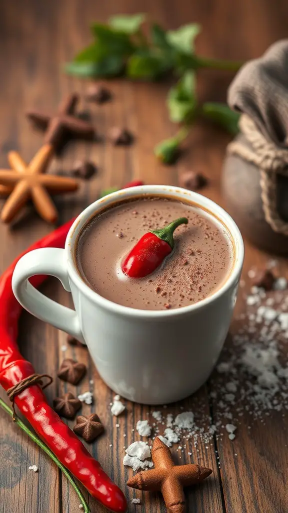 A cup of hot chocolate with a chili pepper on top, surrounded by spices and chocolate pieces.