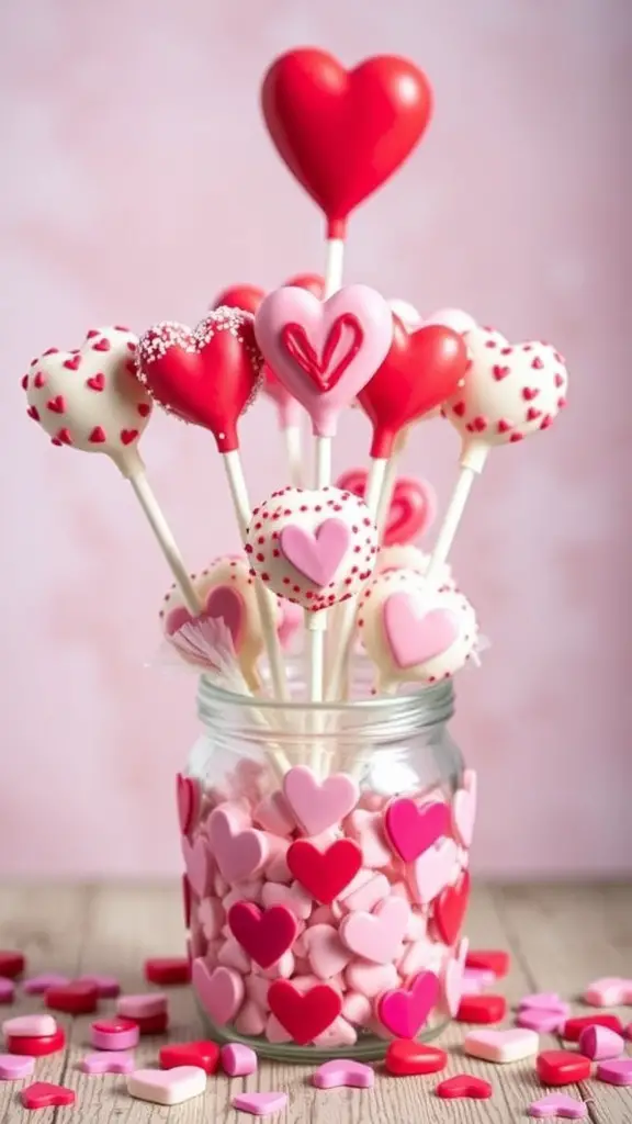 A colorful display of Valentine's Day cake pops in a jar, featuring heart shapes and festive decorations.