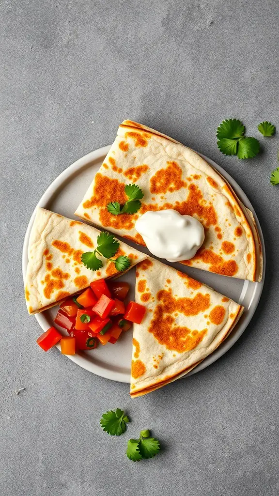 A plate of chicken and black bean quesadillas with diced tomatoes and sour cream on the side.