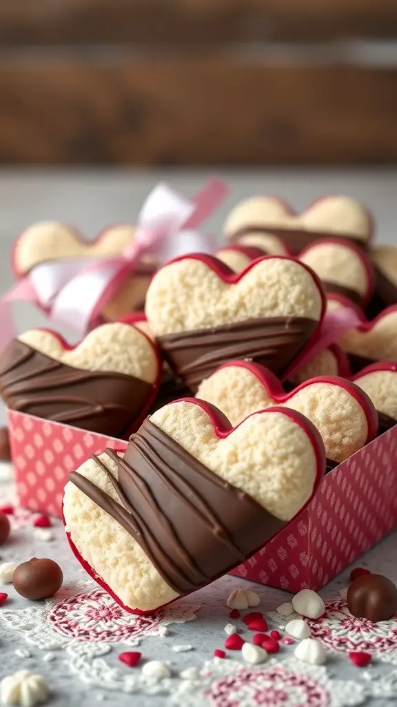 Heart-shaped coconut macaroons dipped in chocolate, arranged in a decorative box.