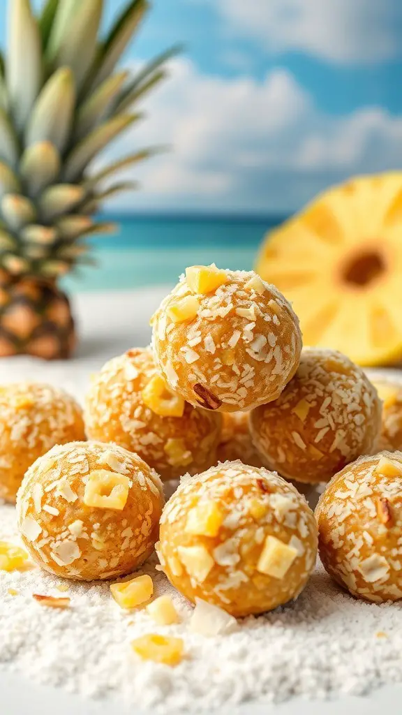 A close-up of tropical fruit protein balls coated in shredded coconut, with pineapple in the background.