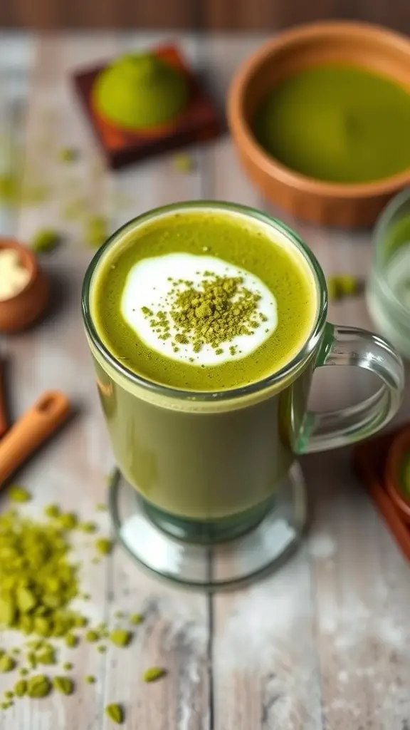 A glass of matcha hot chocolate topped with whipped cream and matcha powder, surrounded by matcha ingredients.