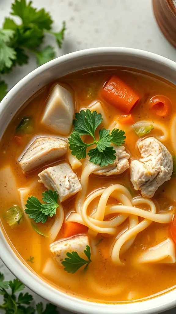A bowl of hearty chicken soup with noodles, featuring pieces of chicken, colorful vegetables, and garnished with fresh parsley.