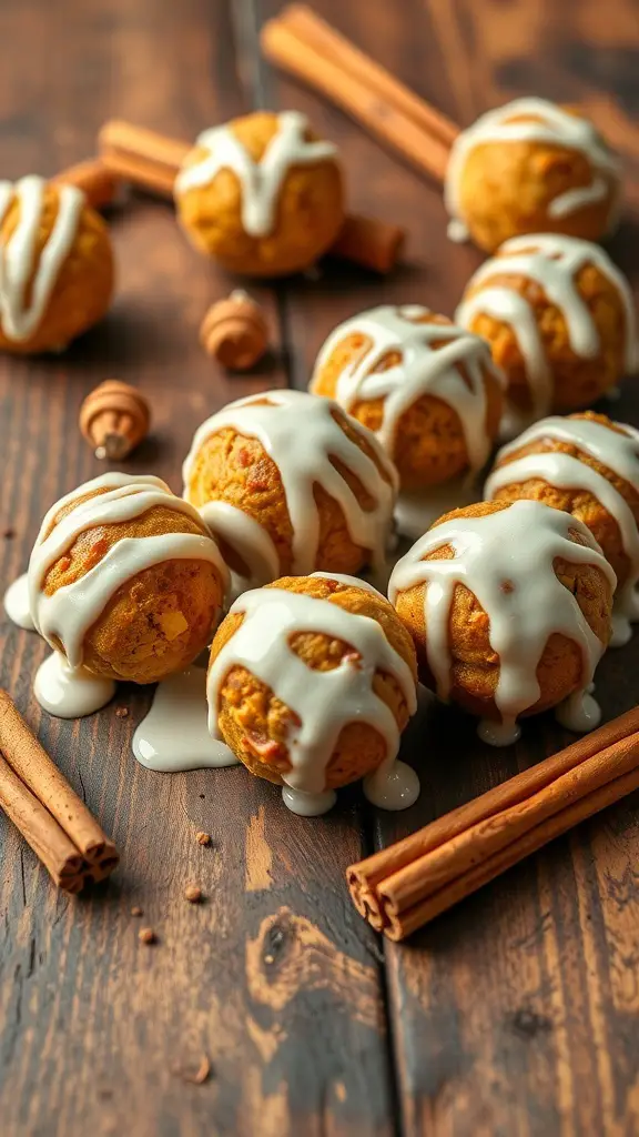 Cinnamon Roll Protein Balls drizzled with icing and surrounded by cinnamon sticks