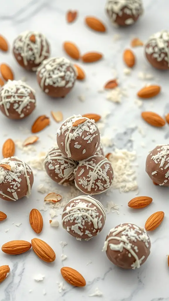 A close-up of Almond Joy Protein Balls with almonds and coconut flakes scattered around.