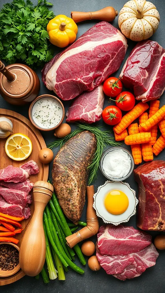 An assortment of meats, eggs, and vegetables arranged on a table, showcasing ingredients for a dirty carnivore diet.