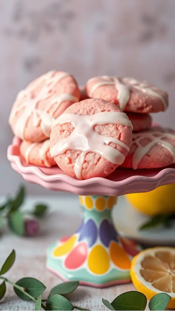 A plate of pink lemonade cookies with a white drizzle, surrounded by lemon slices and greenery.