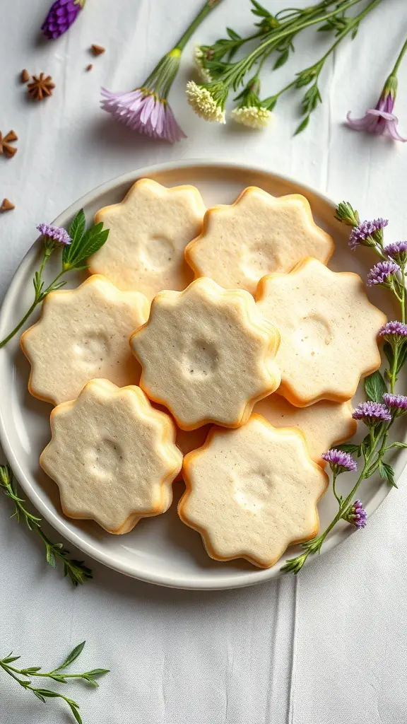 A plate of scented sugar cookies surrounded by fresh flowers.