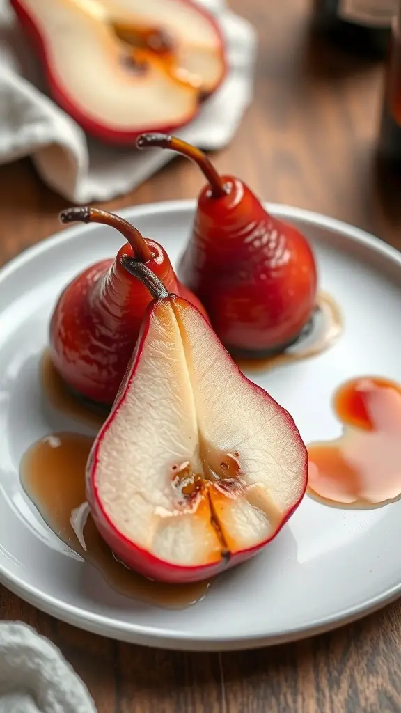 Red wine poached pears on a white plate with syrup