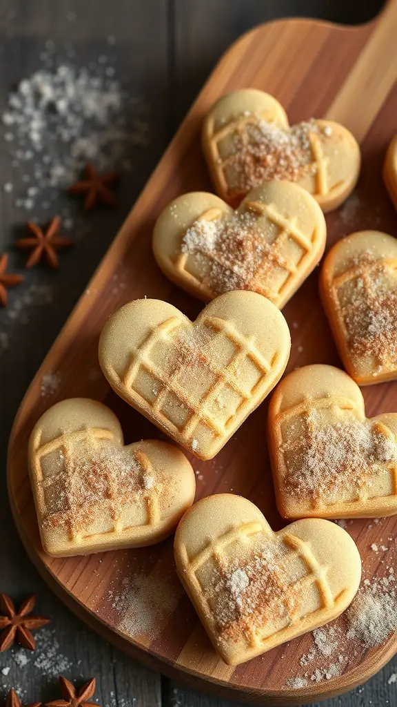 Heart-shaped cinnamon sugar cookies on a wooden platter