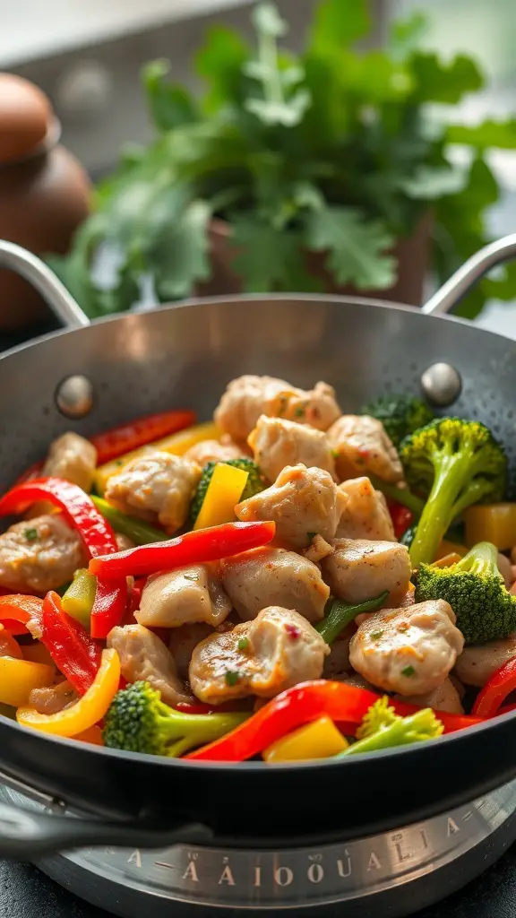 A colorful stir-fry with chicken and various vegetables in a pan.