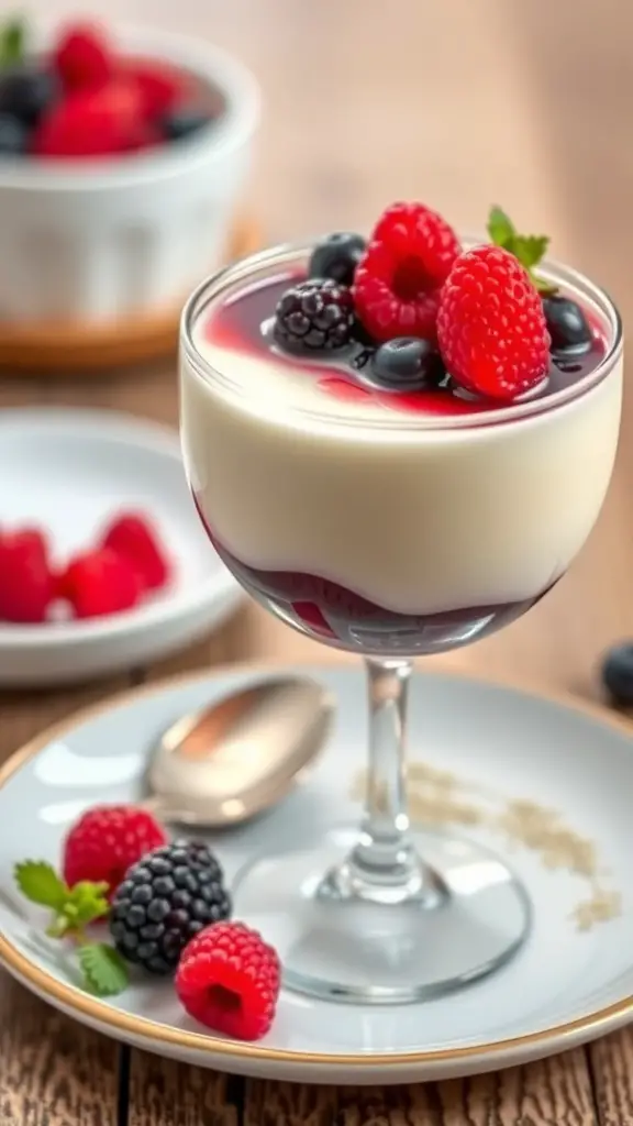 A glass of Vanilla Bean Panna Cotta topped with berry compote, garnished with fresh berries and mint.
