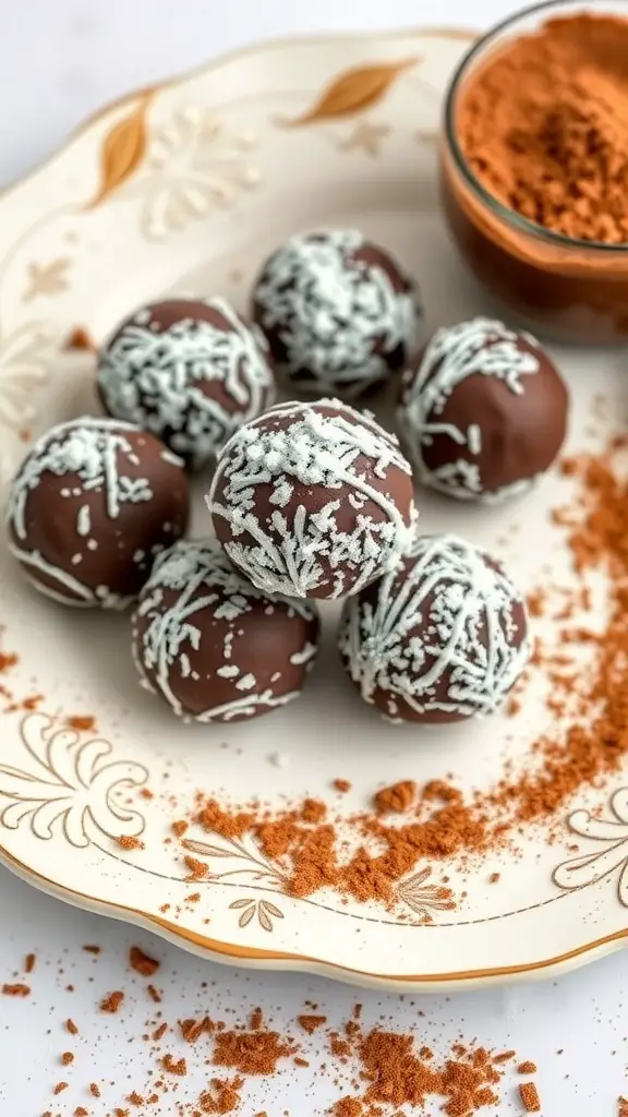 A plate of chocolate coconut protein balls with shredded coconut on top and cocoa powder scattered around.
