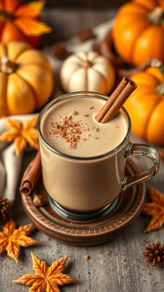 A cozy mug of pumpkin spice hot chocolate surrounded by pumpkins and autumn leaves.