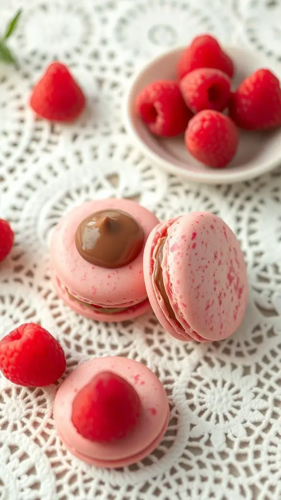Raspberry macarons with ganache filling on a lace background
