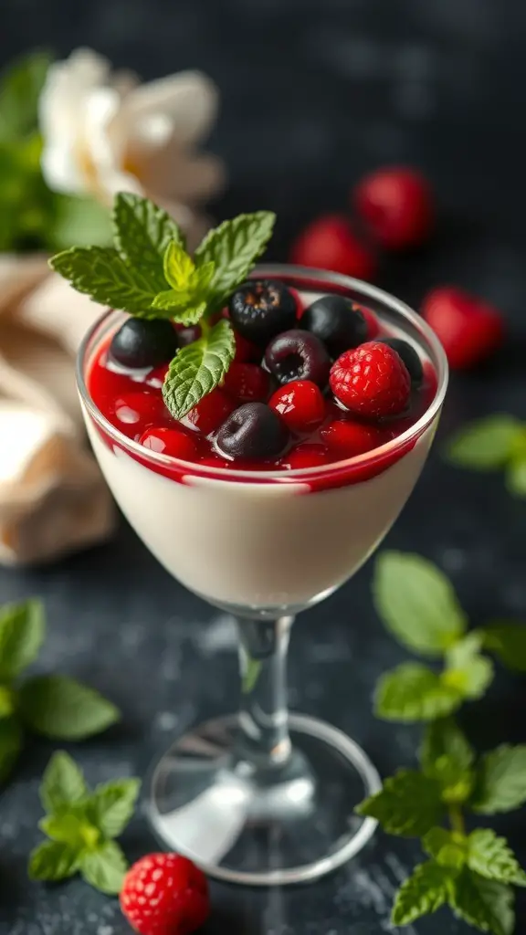 A glass of vanilla bean panna cotta topped with mixed berries and mint leaves.