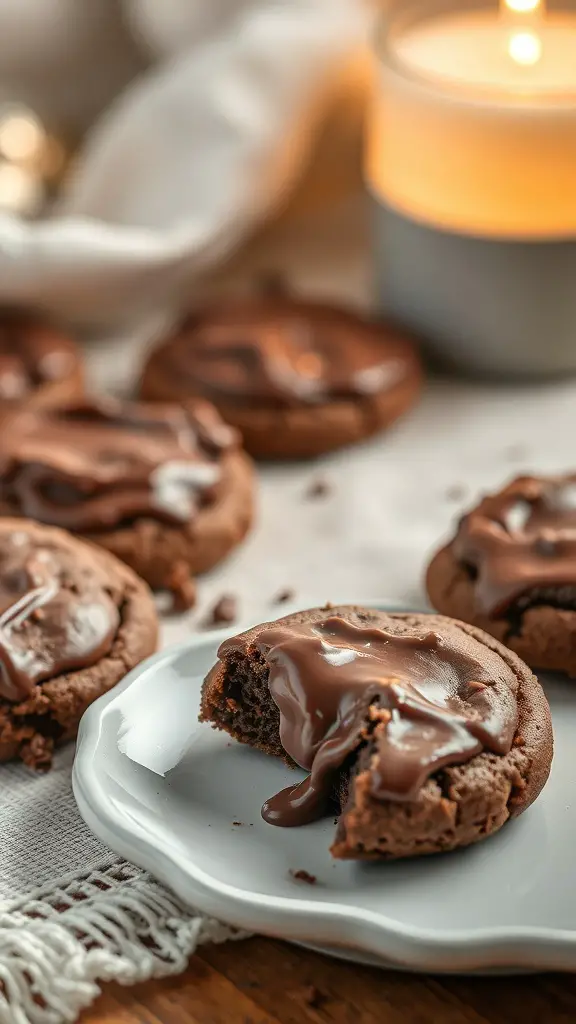 A close-up of molten chocolate lava cookies on a plate, with one cookie broken open to reveal a gooey chocolate center.