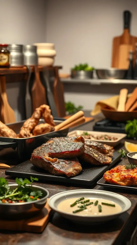 A variety of cooked meats and garnishes displayed in a kitchen setting, showcasing techniques for the carnivore diet.