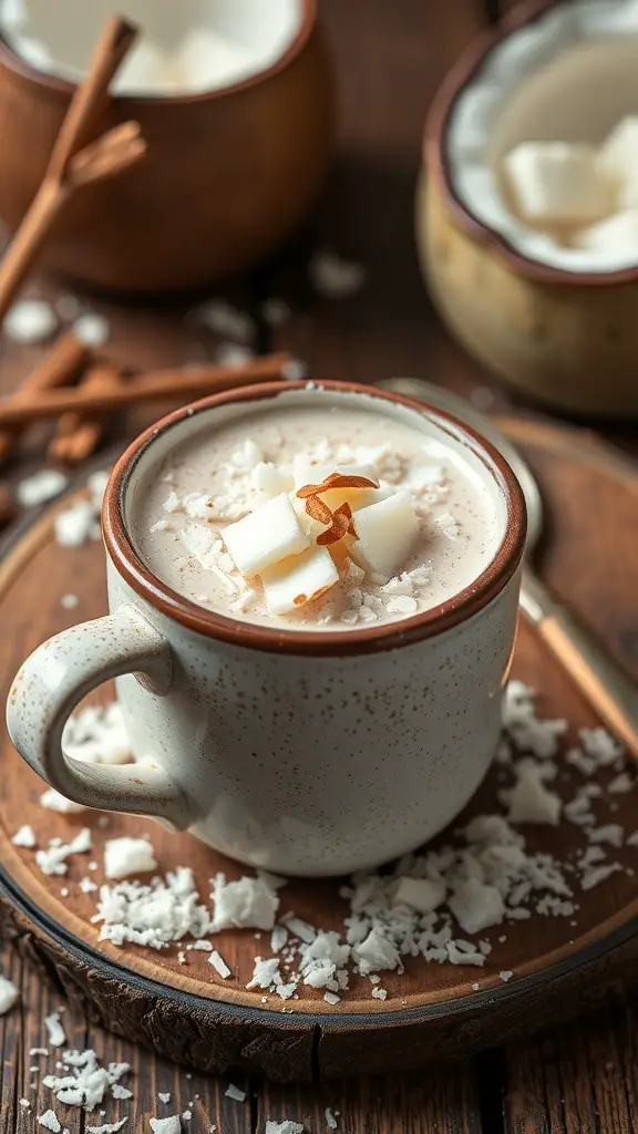 A cozy cup of vegan coconut hot chocolate topped with coconut flakes and a cinnamon stick.