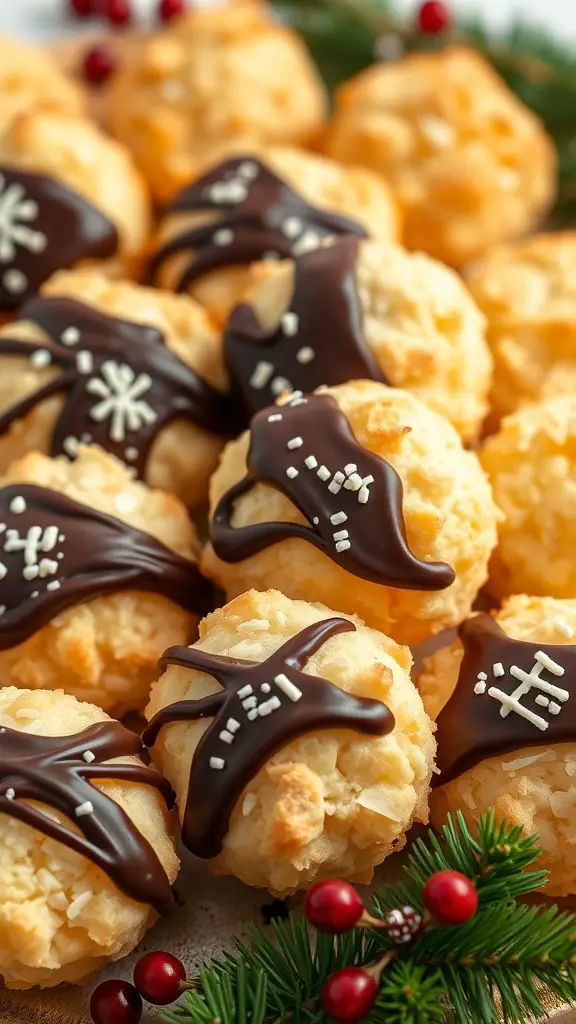 Coconut macaroons dipped in chocolate with festive decorations