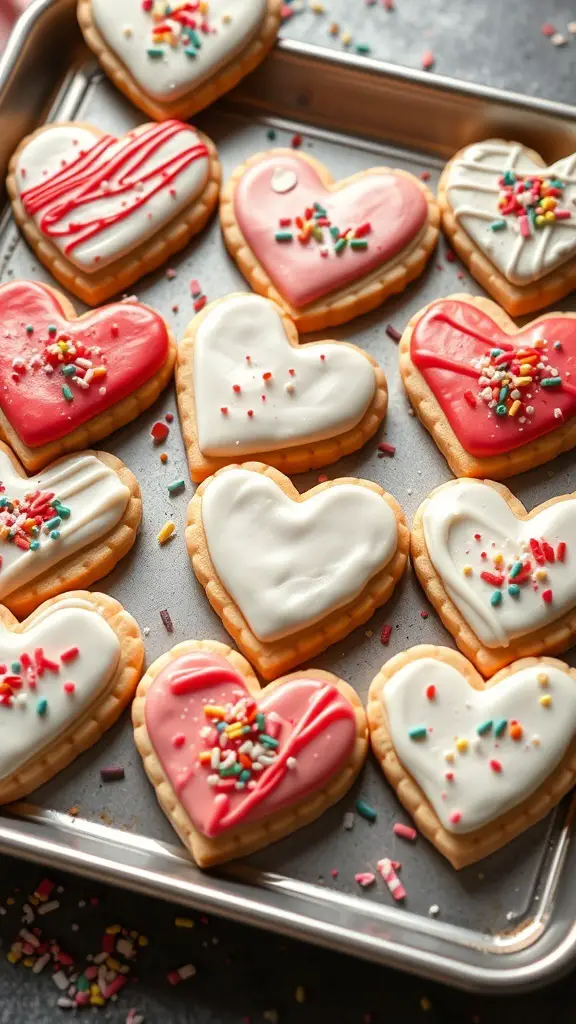 A tray of heart-shaped sugar cookies decorated with pink and white icing and colorful sprinkles.