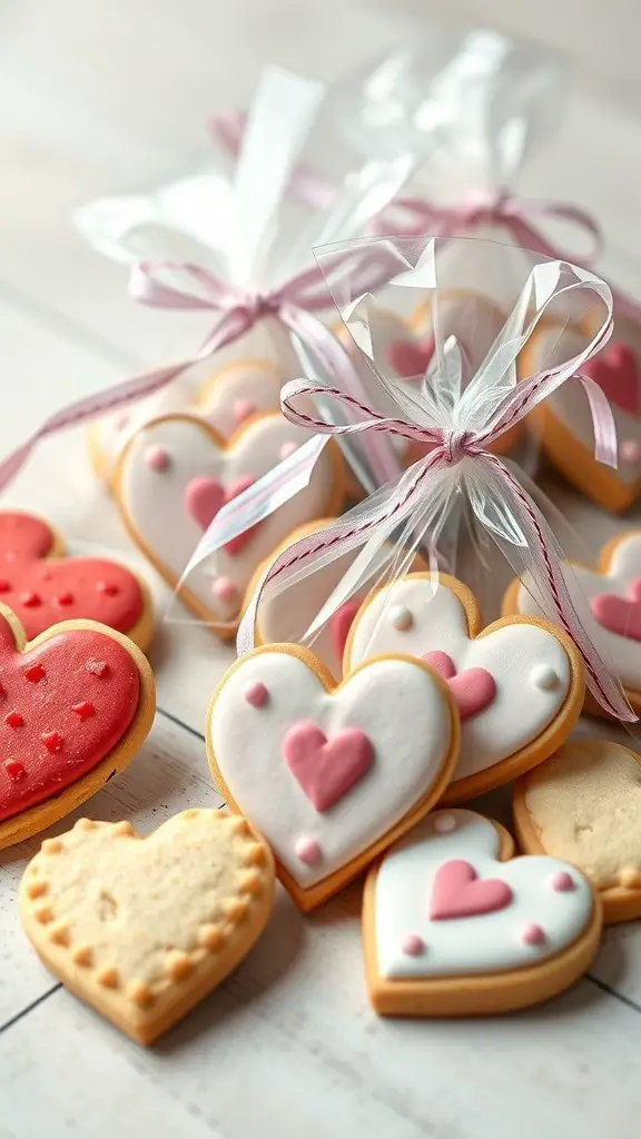 Mini sugar cookies in heart shapes, decorated with pink and red icing, tied with ribbons for party favors.