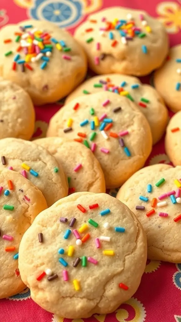 A close-up of sprinkle-filled sugar cookies on a colorful background.