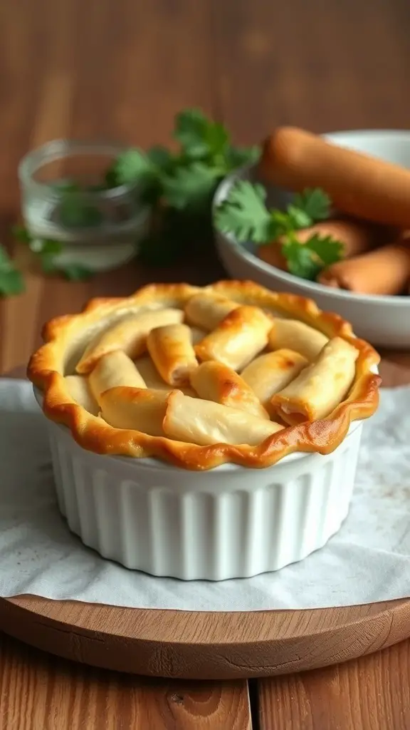 A golden chicken pot pie with a flaky crust, surrounded by fresh ingredients.