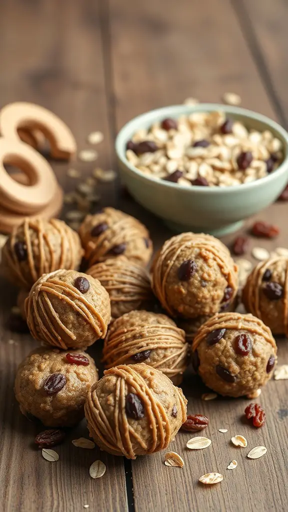 Oatmeal Raisin Cookie Protein Balls arranged on a wooden surface with a bowl of oats in the background.