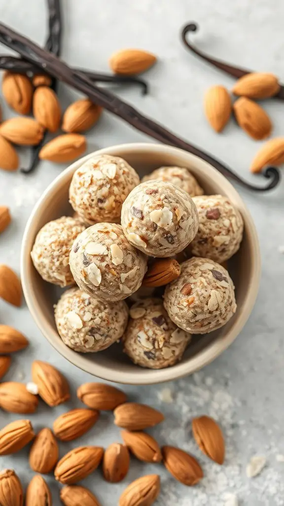 Bowl of Vanilla Almond Protein Energy Bites surrounded by almonds and vanilla pods