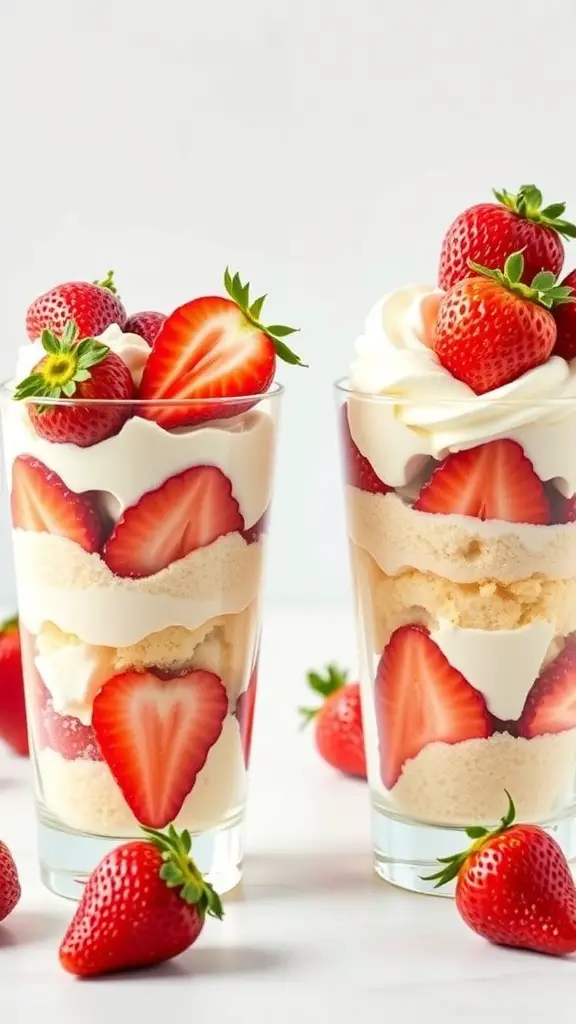 Two strawberry shortcake parfaits in glasses with layers of strawberries, cream, and cake.