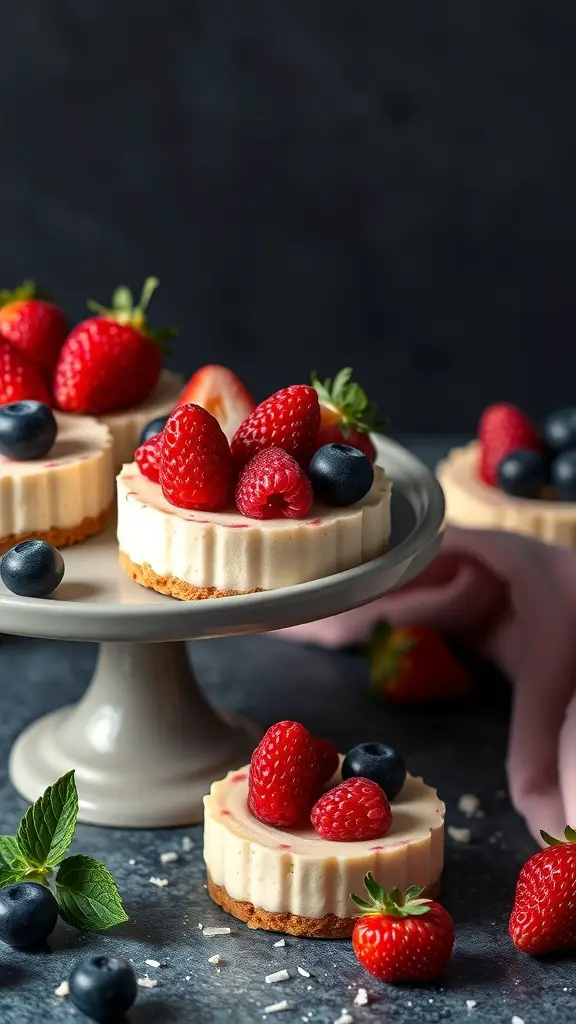 Mini cheesecakes topped with strawberries, raspberries, and blueberries on a cake stand.