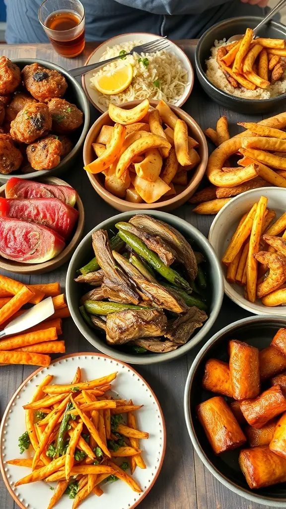 A colorful spread of various dishes including meatballs, sweet potato fries, grilled vegetables, and fresh fruit.