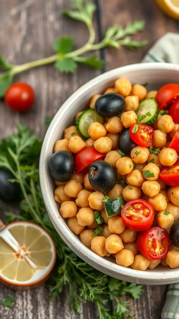 A bowl of Mediterranean Chickpea Salad with chickpeas, cherry tomatoes, cucumbers, and olives on a wooden table.