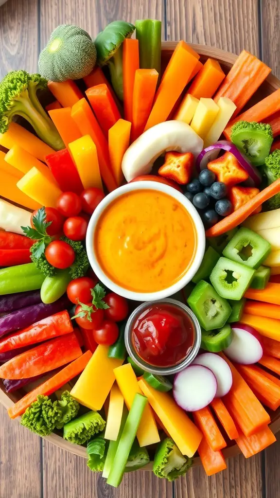A colorful veggie platter arranged in a heart shape with various vegetables and dips.