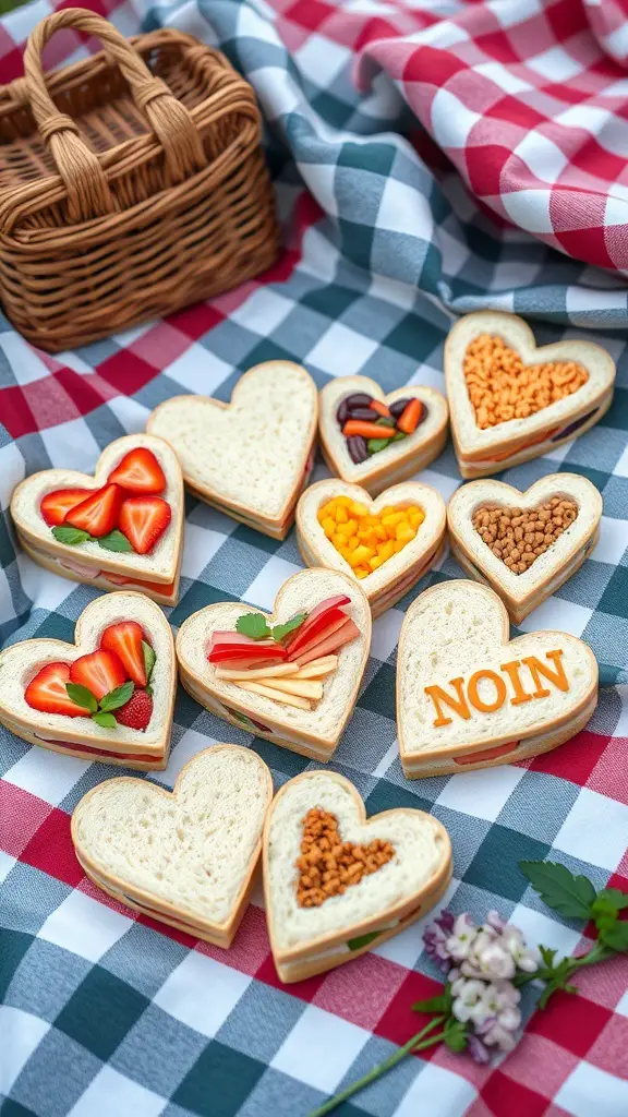 A variety of heart-shaped sandwiches displayed on a picnic blanket, featuring colorful fillings and a wicker basket.