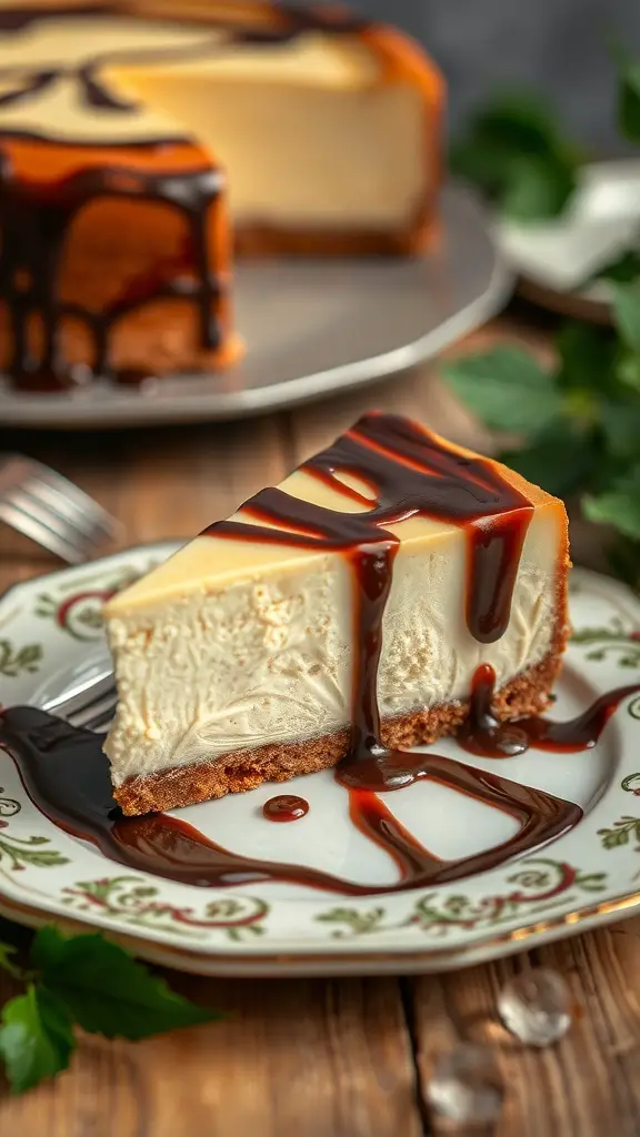 A slice of Irish Cream Cheesecake with chocolate drizzle on a decorative plate.