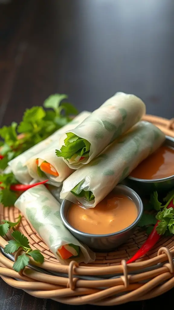 A plate of vegetable spring rolls with peanut sauce and fresh herbs
