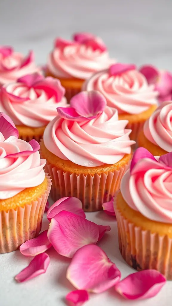 Rose petal cupcakes with pink frosting and rose petals on top