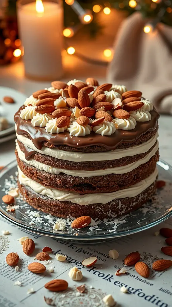 A beautifully layered Almond Joy Cake topped with almonds and coconut, set against a cozy backdrop.