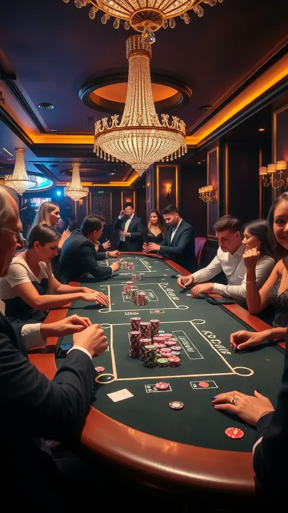 A lively casino night scene with guests playing at gaming tables under elegant chandeliers.