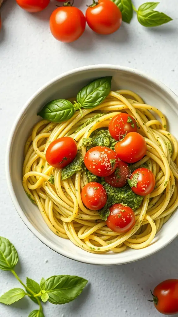 A bowl of zucchini noodles with pesto, topped with cherry tomatoes and basil leaves.