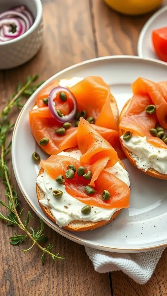 A plate of smoked salmon bagels topped with cream cheese, capers, and red onion slices.