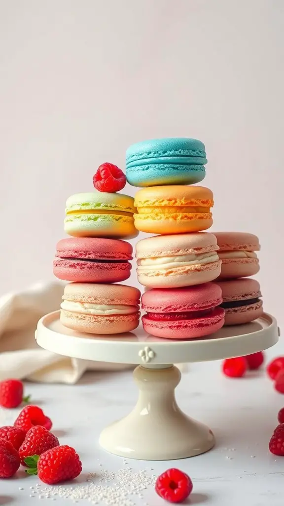 A colorful stack of macarons on a cake stand with fresh raspberries