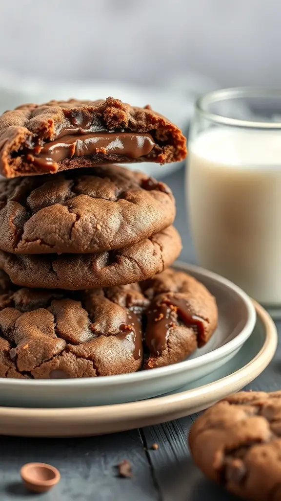 A stack of molten Nutella cookies with one broken open, revealing a gooey chocolate center, next to a glass of milk.
