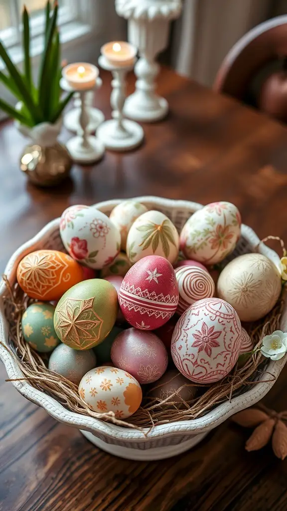 A basket filled with beautifully decorated Easter eggs in various colors and patterns.