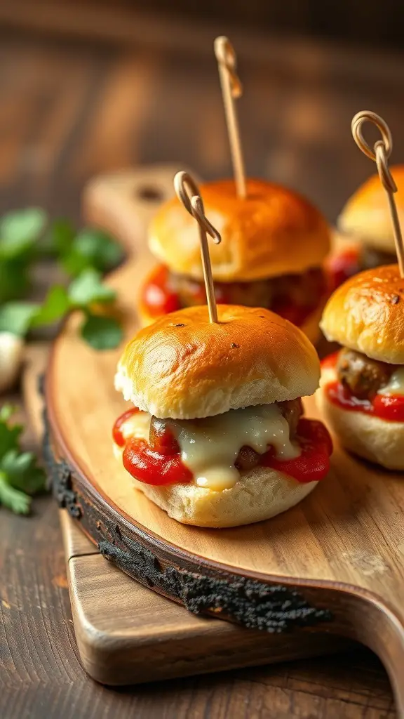 Delicious meatball sliders with marinara sauce on a wooden platter